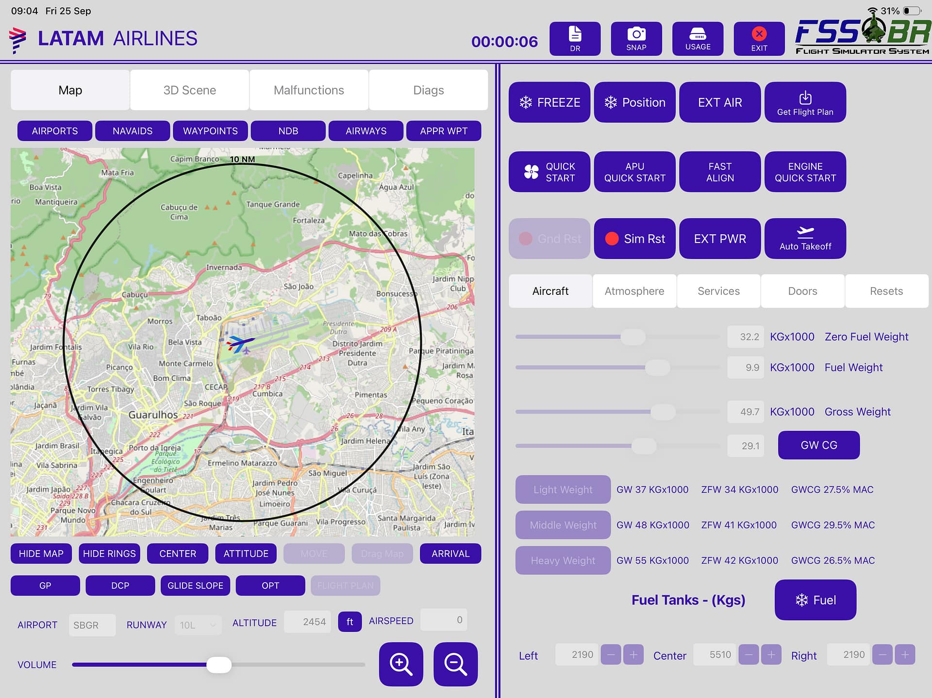 Estação do instrutor: mapa, controles de sessão e configuração de peso e combustível